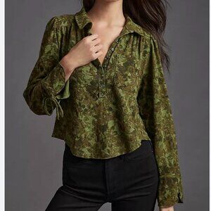 ANTHROPOLOGIE Pilcro Puff Sleeve Blouse Camo Top Size M